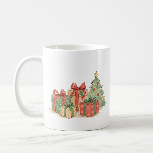 Staplade julklappar med träd för höstlovsgåva kaffemugg (Vänster)