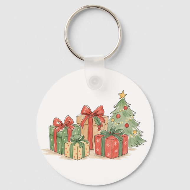 Staplade julklappar med träd för höstlovsgåva nyckelring (Framsida)