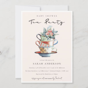 staplade Kopp-babyskor Tea Party Inbjudan