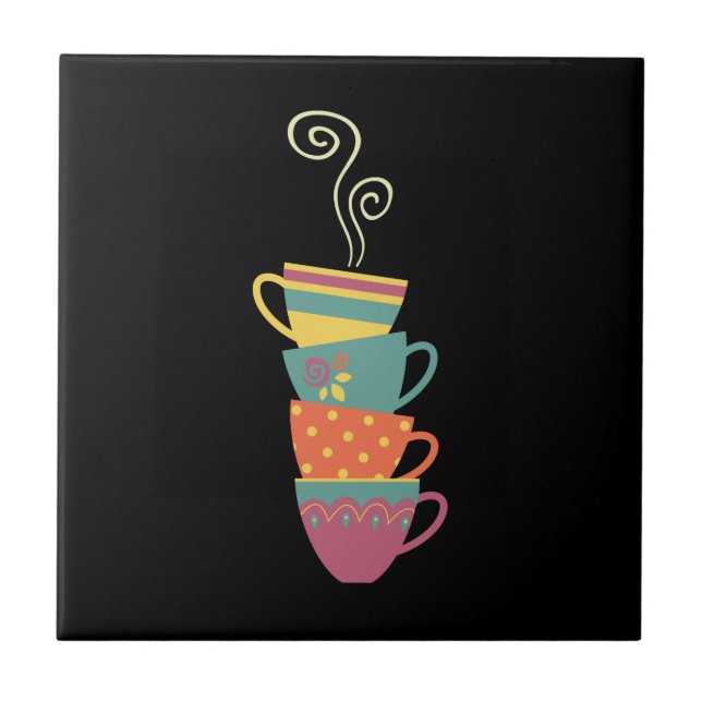 Staplade porslinkuprar, te, kaffekakning kakelplatta (Framsidan)
