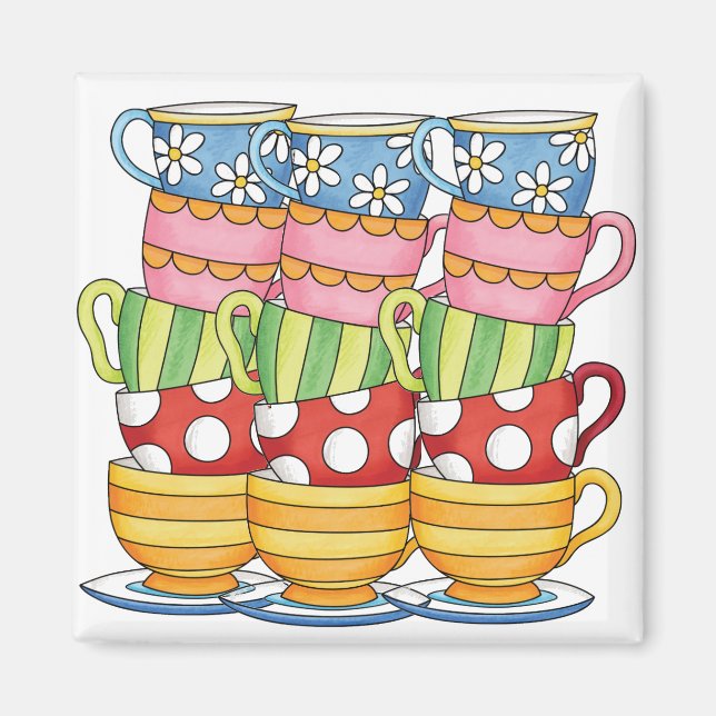 Staplade tekoppar Tekoppar Tid Illustration Magnet (Framsidan)