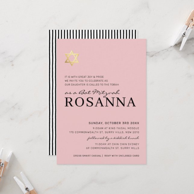 STAR Bat Mitzvah modern minimalism paris rosa svar Inbjudningar (Fram/Back In Situ)