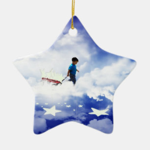 Star Boy med Little Red Wagon of Stars Julgransprydnad Keramik