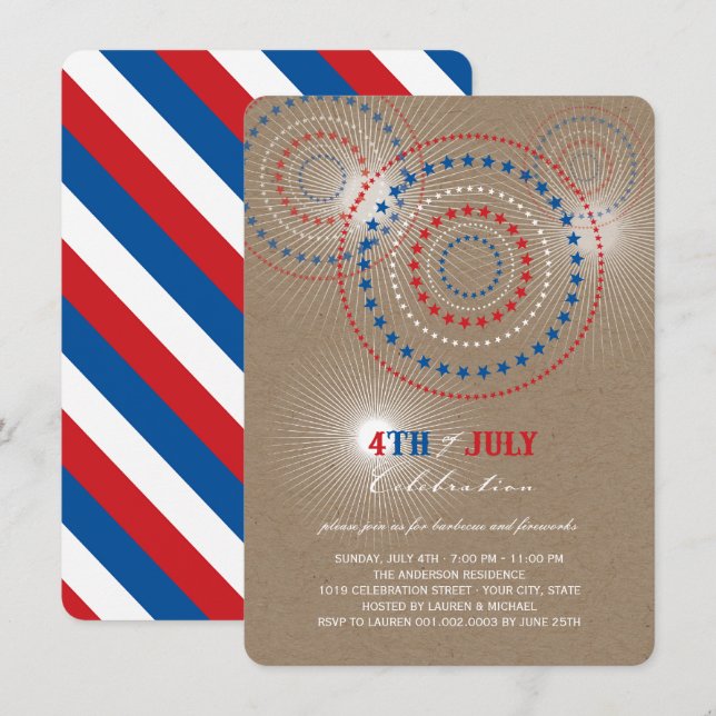 Star Bursts Fireworks Fjärde juli Party Inbjudan (Fram/baksida)