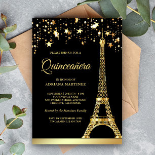 Star Confetti Guld Eiffel Torn Black Quinceanera Inbjudningar