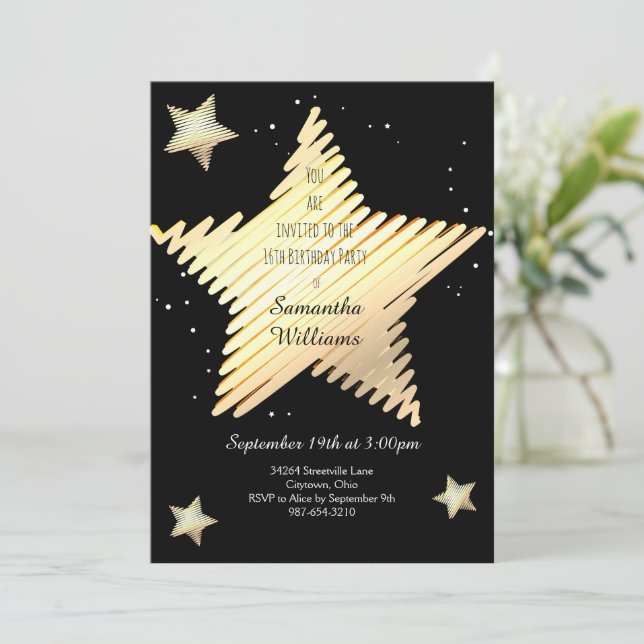 Star Guld Black Sweet sixteen Birthday Inbjudningar (Stående Fram)