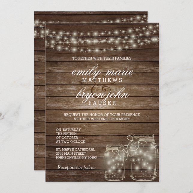 Star Light Mason Burk på Rustic Wood Bröllop Inbjudningar (Fram/baksida)