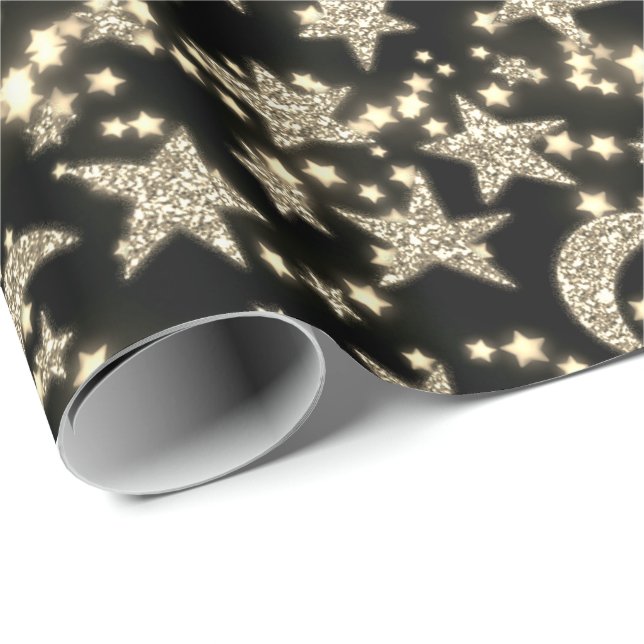 Star Måne Spark Night Galaxy Black Champaigne Guld Presentpapper (Rullad Hörn)