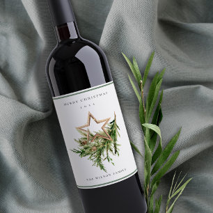 Star Ornament Gräs Gren Fauna God jul Vinflaska Etikett