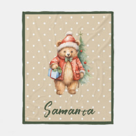 Star pattern christmas bear green beige name fleecefilt