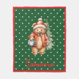 Star pattern christmas bear green red name fleecefilt