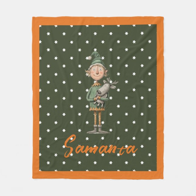 Star pattern christmas elf reideer beige name fleecefilt (Framsidan)