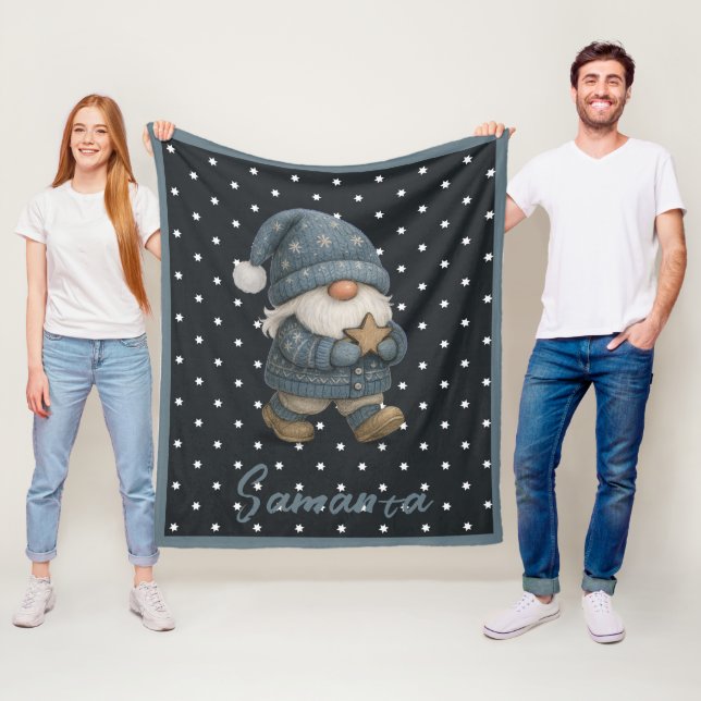 Star pattern gnome blue beige name fleecefilt (På plats)