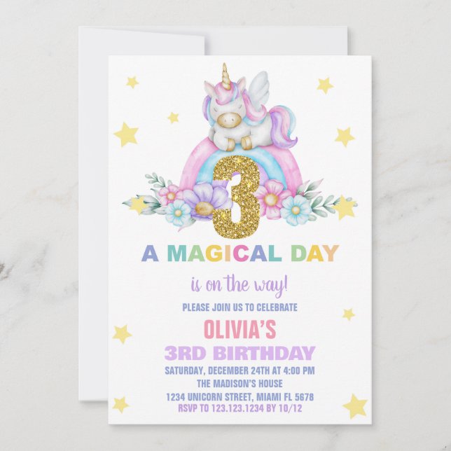 Star Rainbow Unicorn Birthday-inbjudningar, flygan Inbjudningar (Framsida)