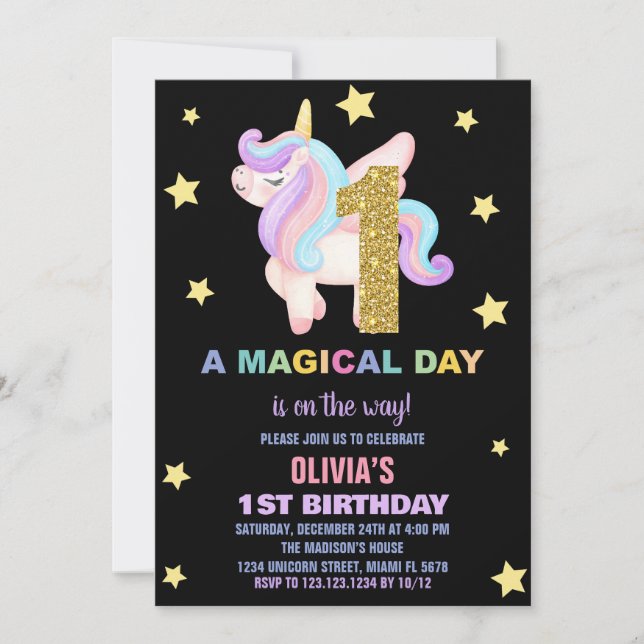 Star Rainbow Unicorn Birthday-inbjudningar, flygan Inbjudningar (Framsida)