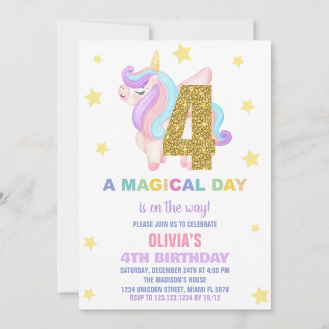 Star Rainbow Unicorn Birthday-inbjudningar, flygan Inbjudningar (Framsida)