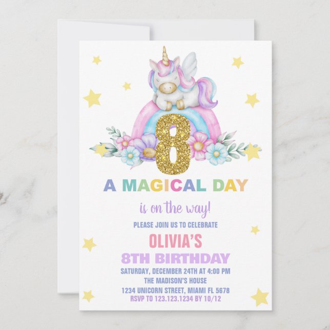 Star Rainbow Unicorn Birthday-inbjudningar, flygan Inbjudningar (Framsida)