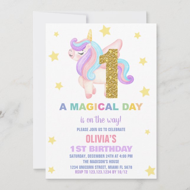 Star Rainbow Unicorn Birthday-inbjudningar, flygan Inbjudningar (Framsida)