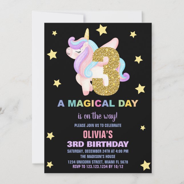 Star Rainbow Unicorn Birthday-inbjudningar, flygan Inbjudningar (Framsida)