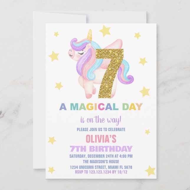 Star Rainbow Unicorn Birthday-inbjudningar, flygan Inbjudningar (Framsida)