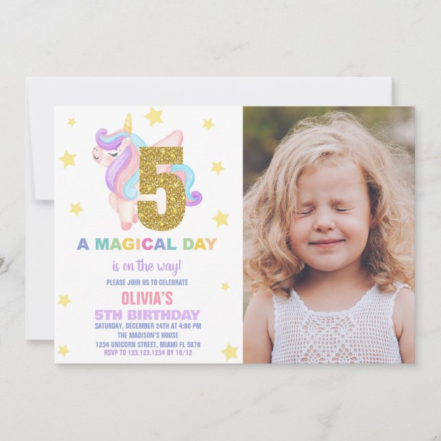 Star Rainbow Unicorn Birthday-inbjudningar med fot Inbjudningar (Framsida)