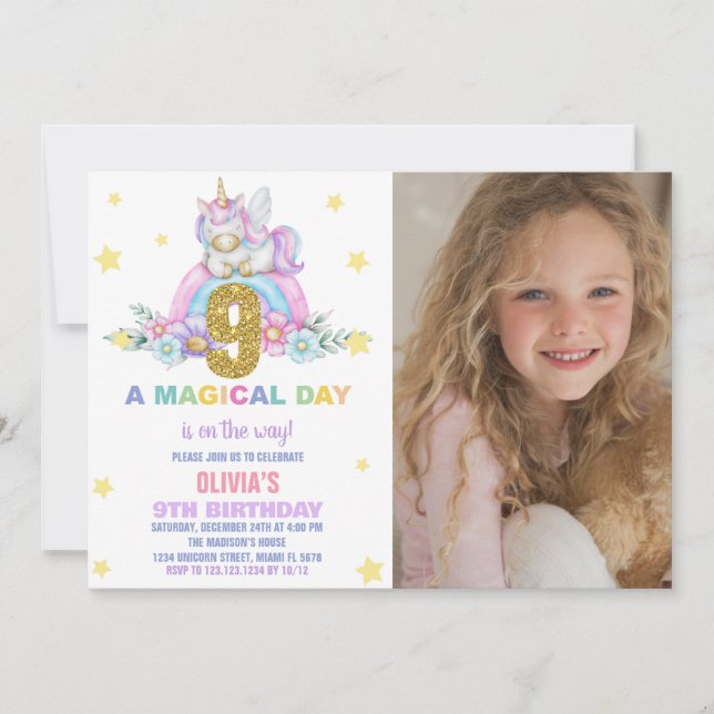 Star Rainbow Unicorn Birthday-inbjudningar med fot Inbjudningar (Framsida)