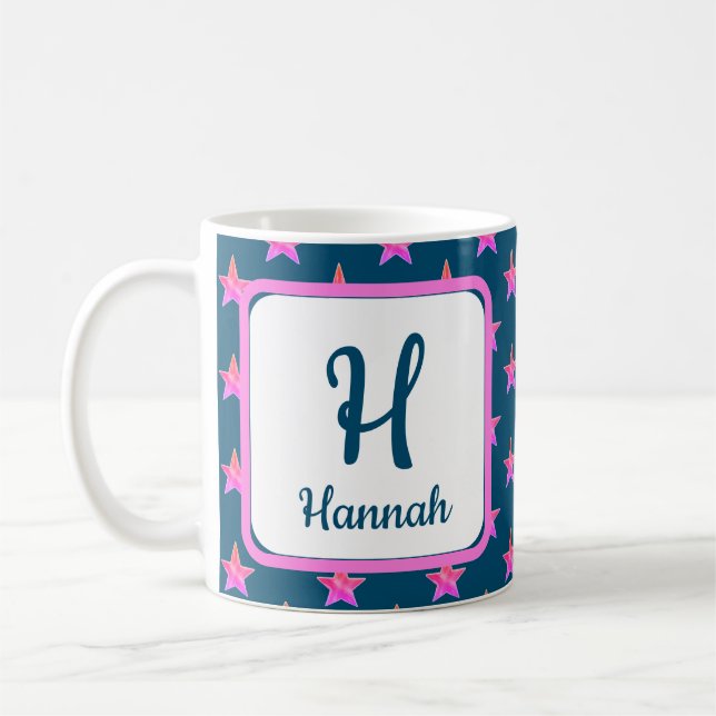 Star Rosa Blue Vivid First Namn Monogram Initial Kaffemugg (Vänster)