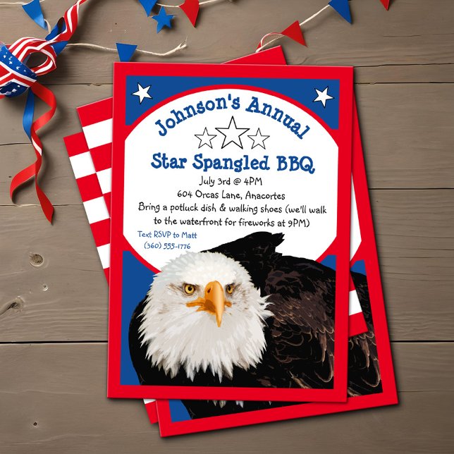 Star Spangled 4:e juli BQ Party Örn Red Inbjudningar (Modern Bald Eagle 4th of July star spangled BBQ party invitations)