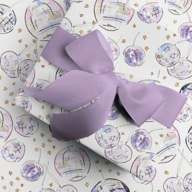 Star Studed Disco Bollar Watercolor Presentpapper (Fabulous watercolor disco balls dancing around tiny golden stars gift wrapping paper.)