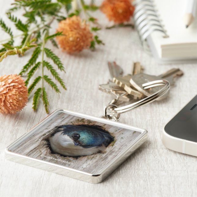 Starande Träd Sväljer Songbird i Nestbox Fyrkantig Silverfärgad Nyckelring (Sidan)