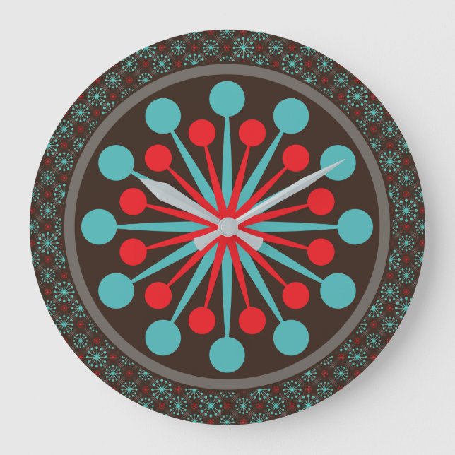 Starburst Mid Century Modern Red Turcos Stor Klocka (Framsida)