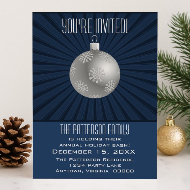 Starburst Rand Ornament Julfest Mörk blått Inbjudningar (Blue Starburst Stripes Ornament Holiday Party Invitation)