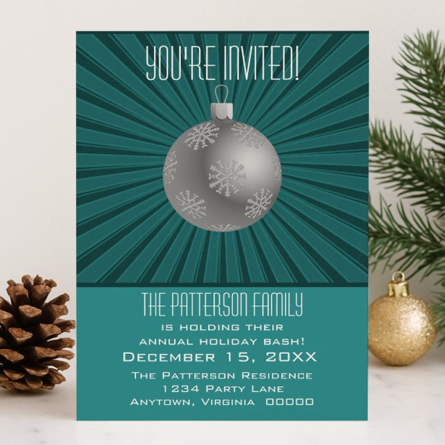 Starburst Rand Ornament Julfest, Teal Inbjudningar (Teal Starburst Stripes Ornament   Holiday Party Invitation)