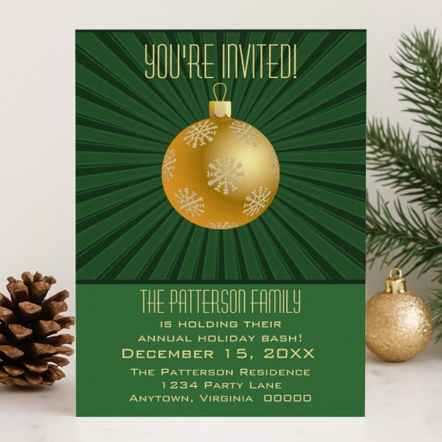 Starburst Rand Ornament Party, Grönt och Guld Inbjudningar (Green and Gold Starburst Stripes Ornament Holiday Party Invitation)