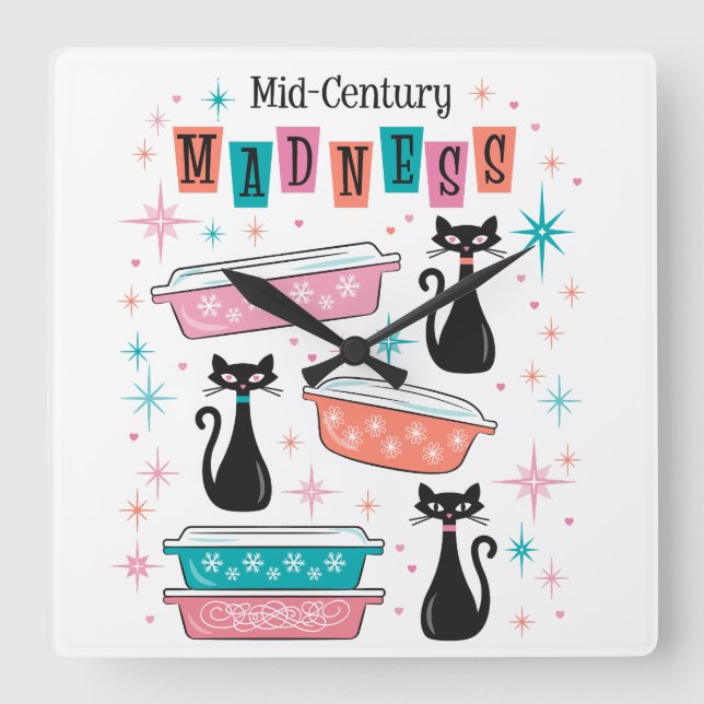 Starburst Retro Pyrex Svarta katter Clock i mitten Fyrkantig Klocka (Framsida)