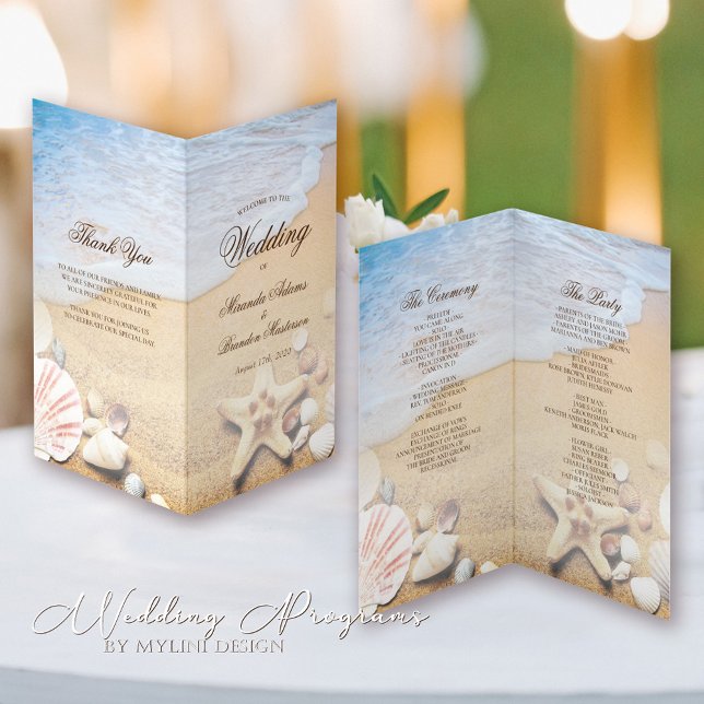 Starfish and Snäckas Tropical Beach Wedding Progra Kort (Skapare uppladdad)