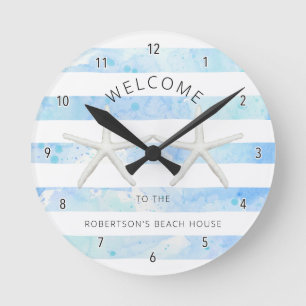Starfish Beach Blue and White Modern Simple Rand Rund Klocka
