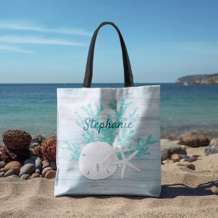 Starfish Beach Sand Dollar Driftwood Aqua Tygkasse