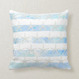Starfish Beach Watercolor Tvättar Rand Blue n Whit Kudde