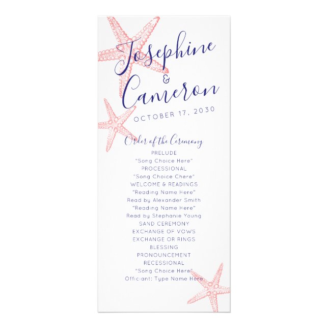Starfish Beach Wedding Programme - Coral Rosa Reklamkort (Framsidan)