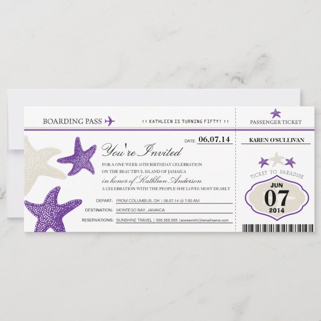 Starfish Boarding Pass Birthday Inbjudningar (Framsida)