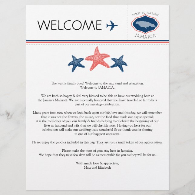 Starfish Bröllop Välkommen Brev till Jamaica (Framsida)