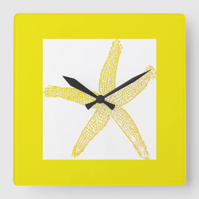 Starfish Coastal Beach Theme Gult Vit Coola Fyrkantig Klocka (Framsida)