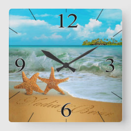 Starfish Couple BE MIG ATT SÄTTA NAMN I SAND Fyrkantig Klocka