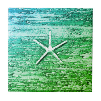 Starfish Driftwood Blue-Grönt Watercolor Kakelplatta
