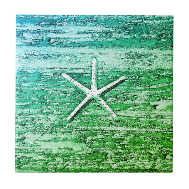 Starfish Driftwood Blue-Grönt Watercolor Kakelplatta (Framsidan)