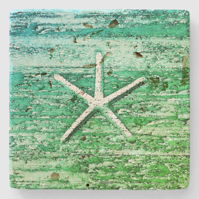 Starfish Driftwood Rustic Nautical Blue Grönt Stenunderlägg (Framsidan)