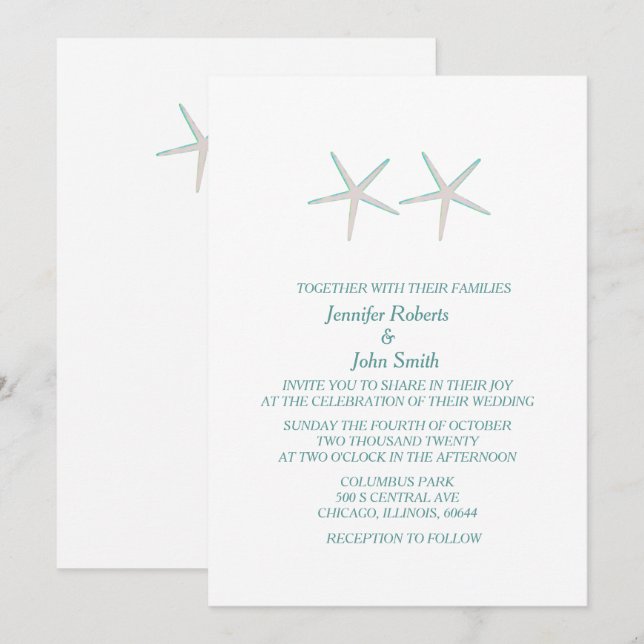 Starfish Grått Teal White Elegant Nautical Bröllop Inbjudningar (Fram/baksida)