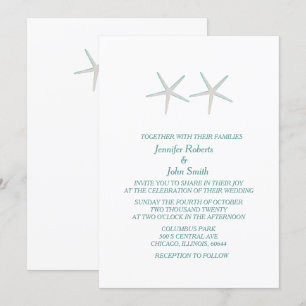 Starfish Grått Teal White Elegant Nautical Bröllop Inbjudningar