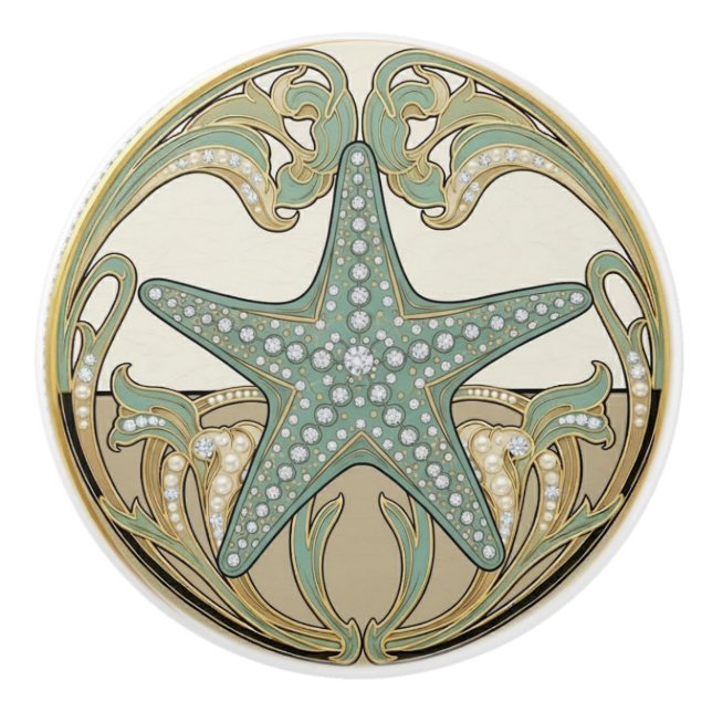 Starfish Green Cream & Gold Art Deco Nouveau Knopp (Framsidan)